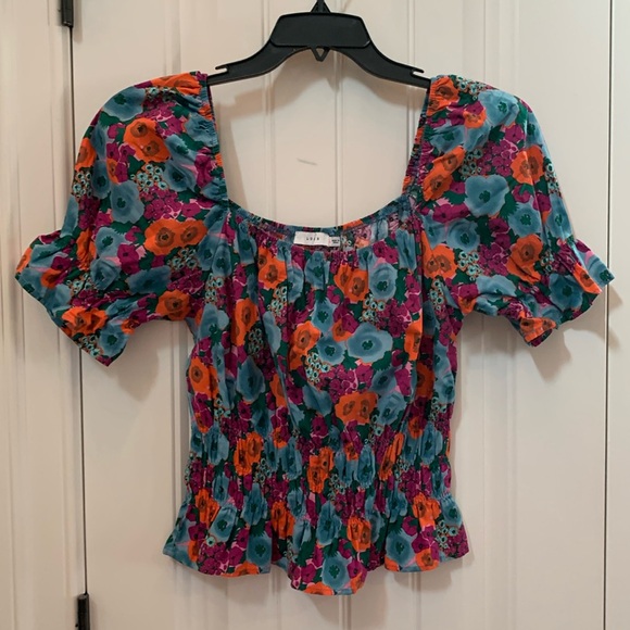 Vici Tops - VICI Lush Boho Blue Orange Purple Floral Smocked Top L